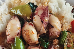 ผัดกะเพราหมึกตัว