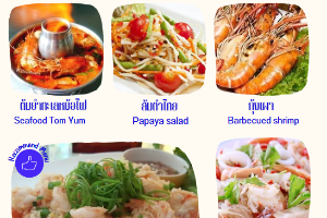 1. ต้มยำทะเลหม้อไฟ 2. ส้มตำไทย 3. กุ้งเผา 4. ข้าวผัดทะเลกลาง 5. ยำวุ้นเส้นทะเล 6.น้ำโค้กขวดใหญ่ 1 ขวด 7. น้ำเเข็ง 1 ถัง