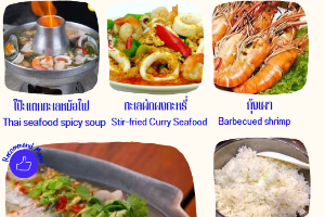 1. โป๊ะเเตกทะเลหม้อไฟ 2. ทะเลผัดผงกระหรี่ 3. กุ้งเผา 4. ปลากระพงนึ่งมะนาว 5. ข้าว 1 โถ 6. น้ำโค้กขวดใหญ่ 1 ขวด 7. น้ำเเข็ง 1 ถัง