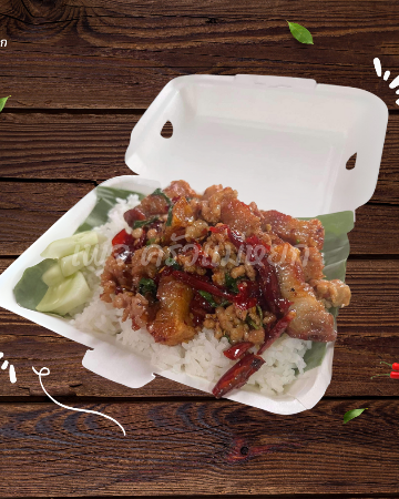 ข้าวกระเพราหมูสับ+หมูกรอบ