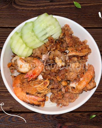 ข้าวกุ้ง+หมูสับทอดกระเทียม