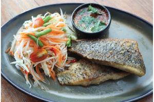 Grilled Barramundi w/     somtam, Thai spicy sauce