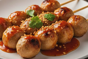 ลูกชิ้นหมูปิ้ง 3 ไม้ / 3 sticks of grilled meatballs