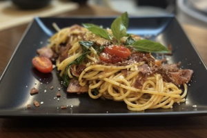 สปาเกตตี เบคอนผัดพริกแห้ง Spaghetti with bacon and dried chili