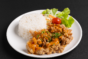 S16 ข้าวไก่กรอบซอสกระเพรา 