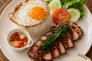 ข้าวอกเป็ดรมควันราดซอสกะเพรา