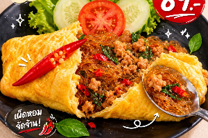 กะเพราหมูสับวุ้นเส้นห่อไข่