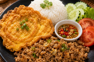 ข้าวหมูสับกระเทียมไข่เจียว
